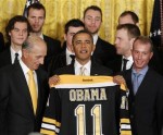 Members of the Stanley Cup Champion Boston Bruins visited the White House Monday, absent their star goalie, Tim Thomas