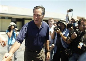 Republican presidential candidate and former Massachusetts Governor Mitt Romney greets voters during a campaign stop in Los Angeles